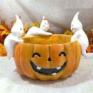 Goblin and Ghoul Halloween Ghost Trio Jack O Lantern Pumpkin Candy Bowl New